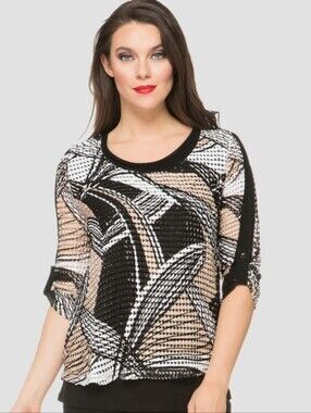Joseph Ribkoff Abstract Print Long-Sleeve Top. White, Tan & Black - Size 8